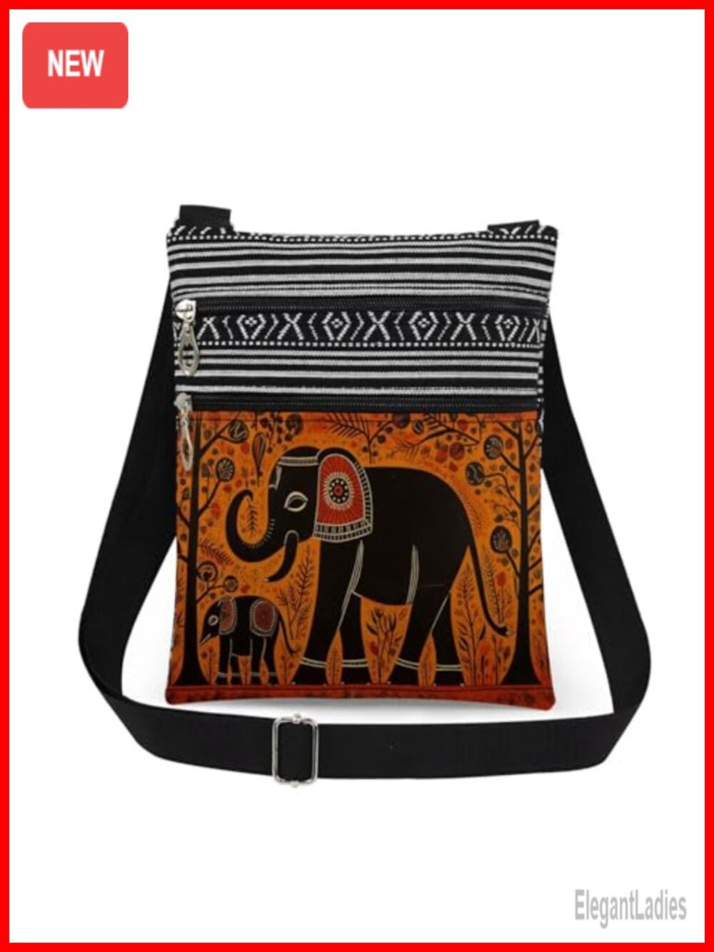 Elephant Print Crossbody Bag Polyester Adjustable Strap Sling Purse